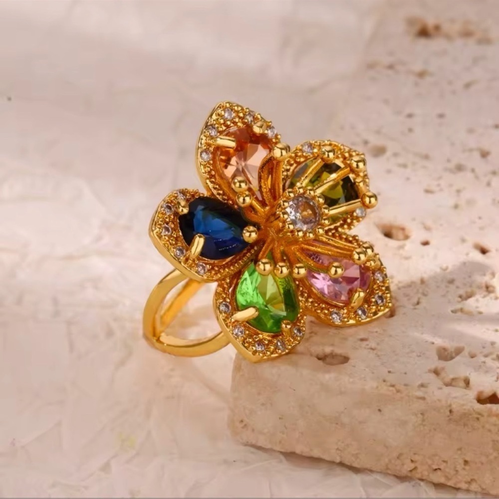 Blossom Multicolor Crystal Floral Gold Adjustable Ring